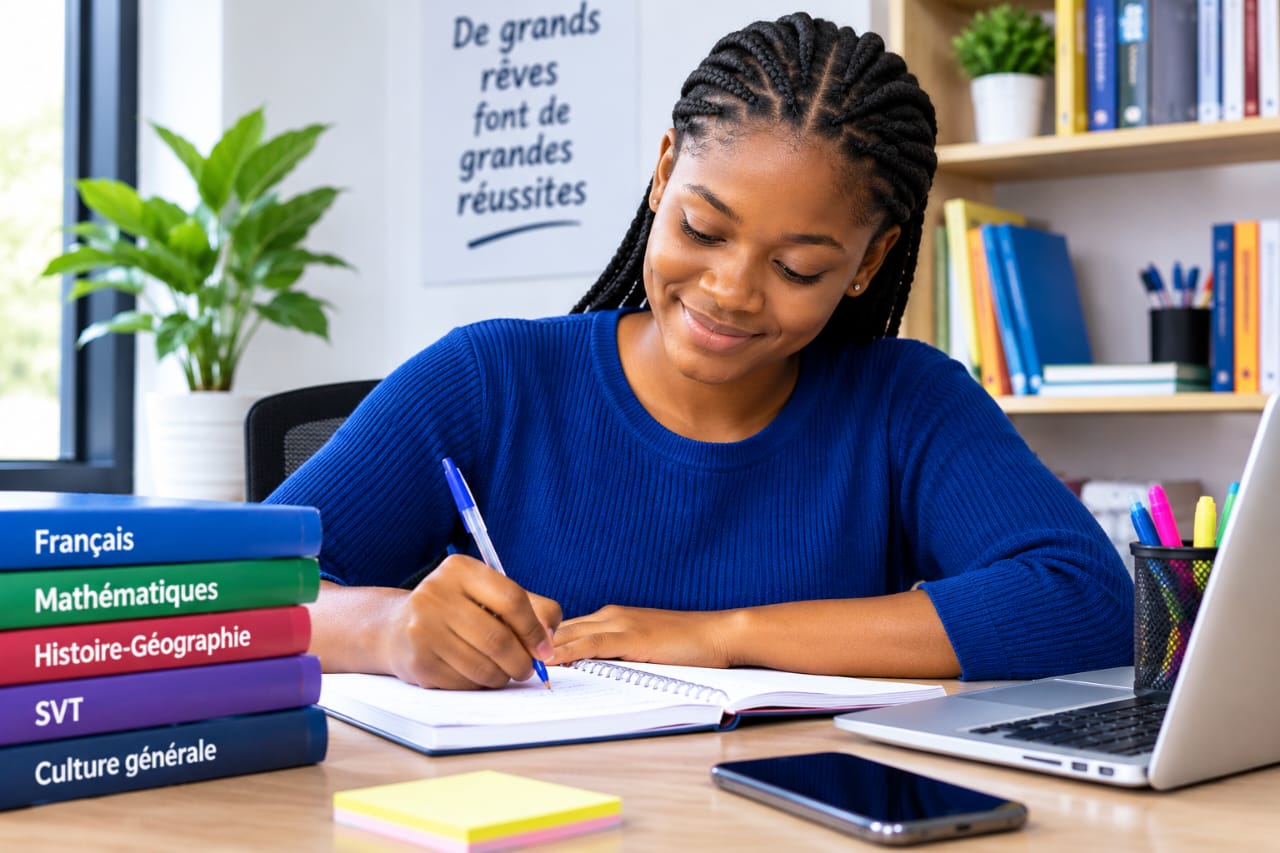 Une candidate révise ses cours avec ses livres et son ordinateur